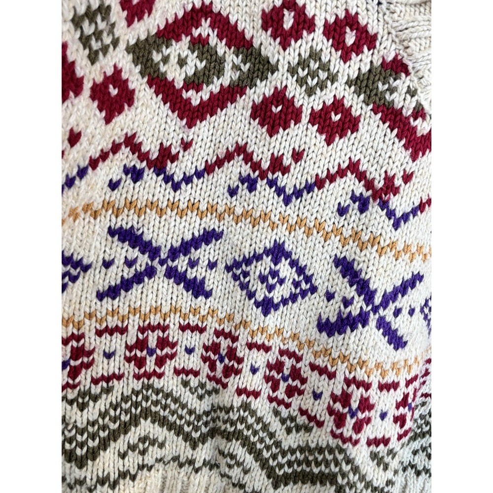 Vintage 90s Fair Isle Cotton/Wool Sweater Cream Multicolor Deep V-Neck Apres Ski - Picture 3 of 6